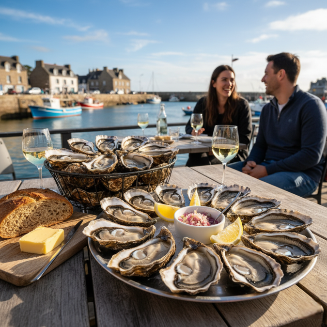 Dégustation de bourriche huitre à Roscoff sur le port